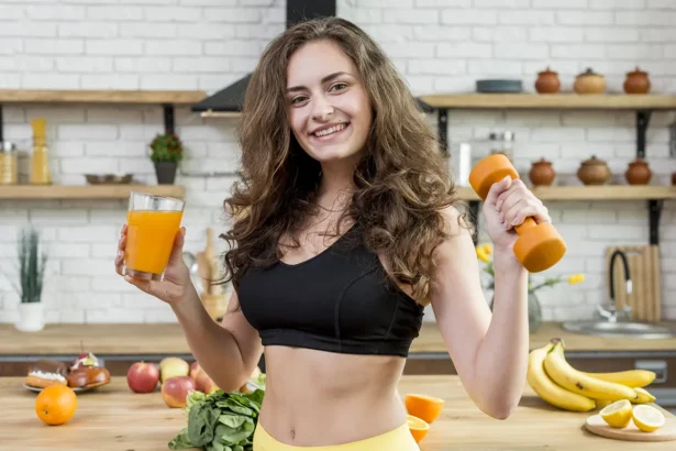 healthy habits and unhealthy habits women holds healthy drink